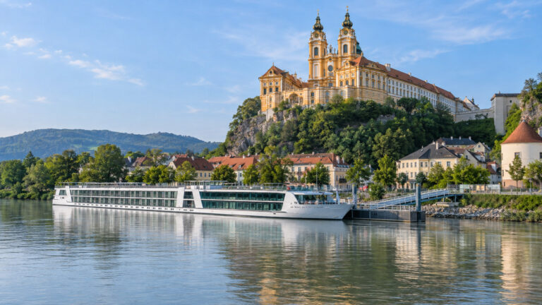 River cruise ship at Melk Danube landing below the abbey