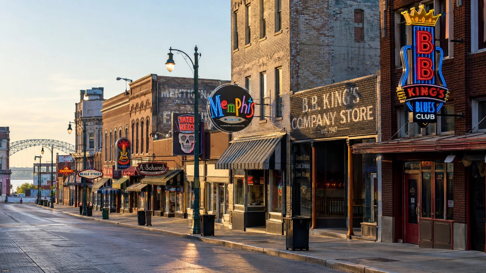 Beale Street neon signs and brick storefronts without people