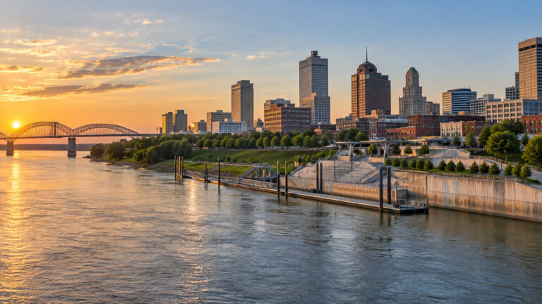 Memphis skyline and Beale Street Landing beside the Mississippi River