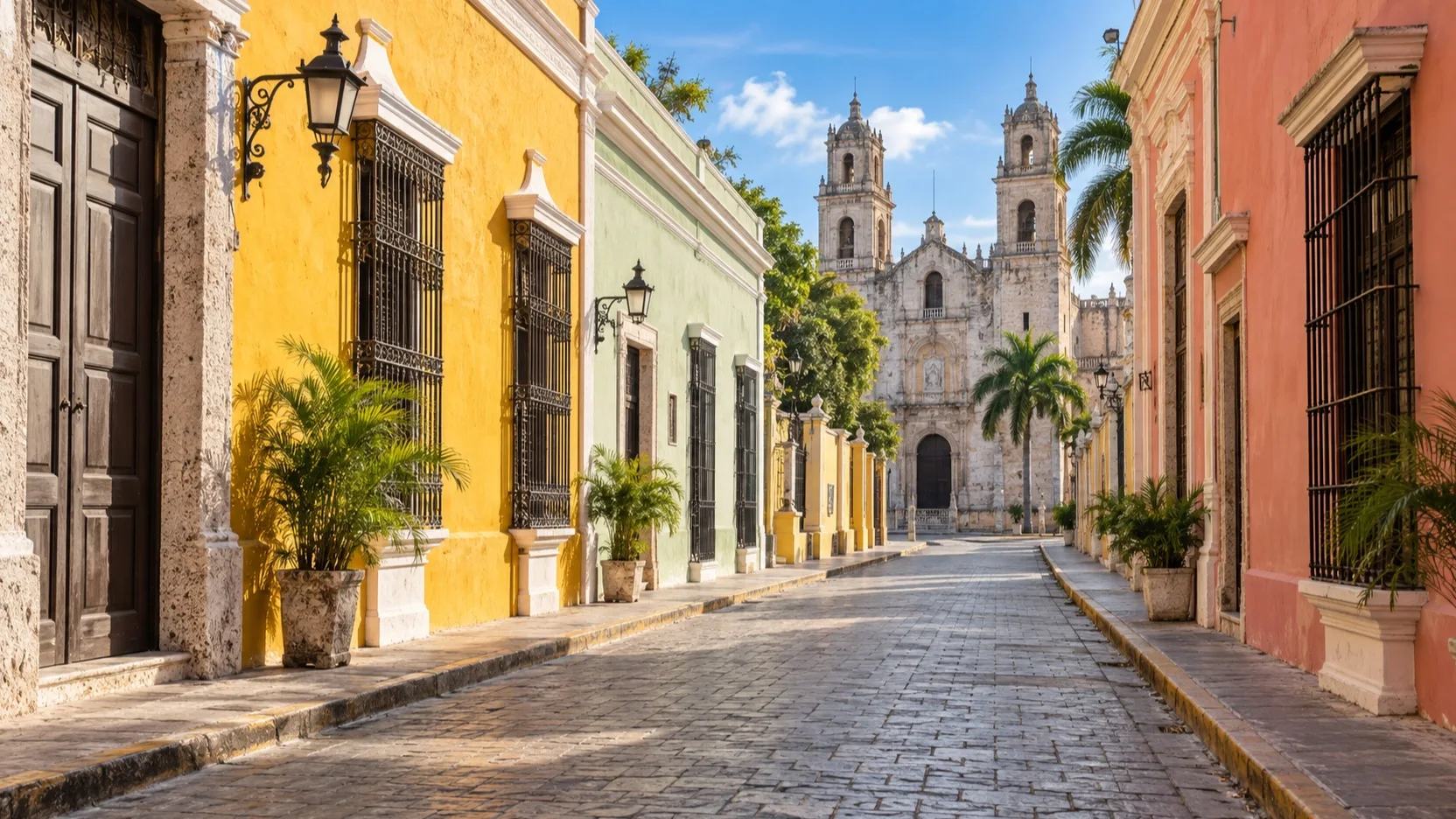 Empty colonial street and church in Mérida, Yucatán