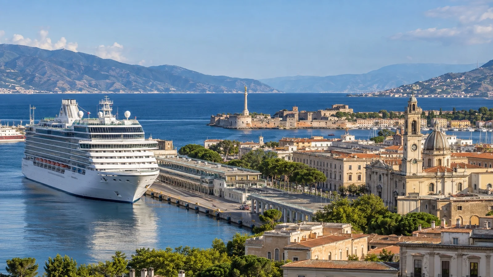 Messina cruise harbor with a white ship docked near the Sicilian city and the Strait of Messina
