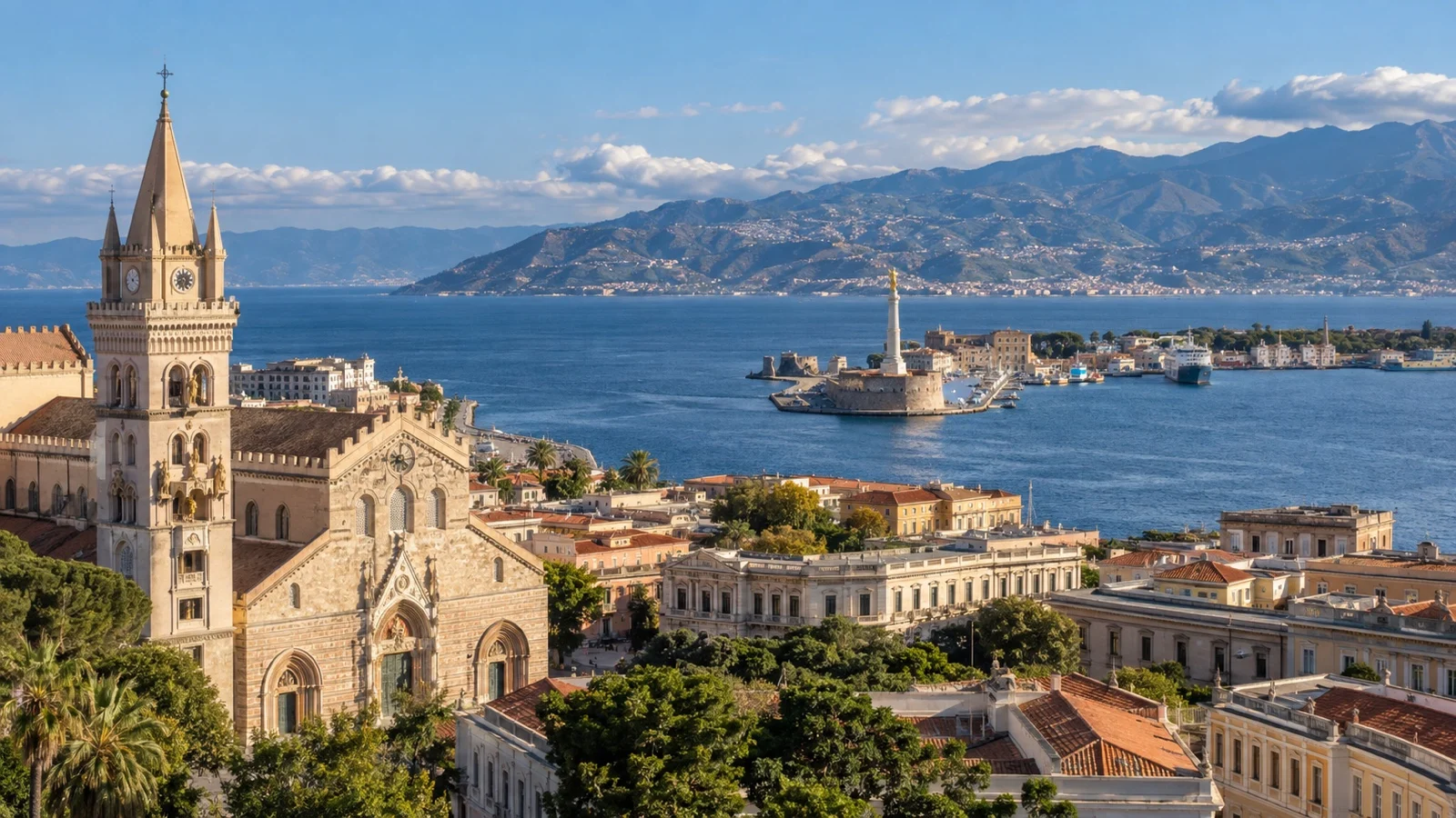 Panoramic Messina waterfront, cathedral district and Strait of Messina with Calabria across the water
