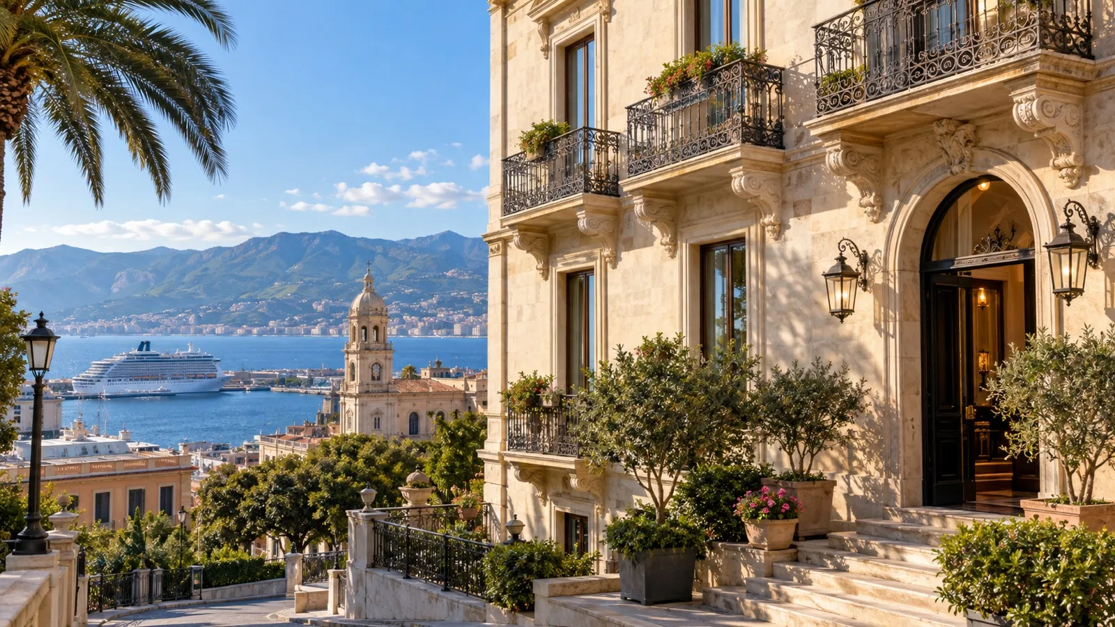 Elegant boutique hotel exterior in Messina with Italian stone balconies and Mediterranean light