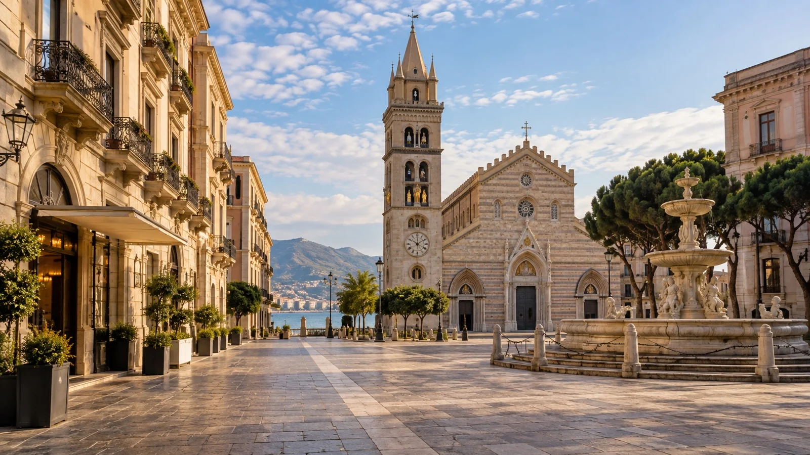 Central Messina near Piazza del Duomo with midrange hotel buildings and warm stone streets