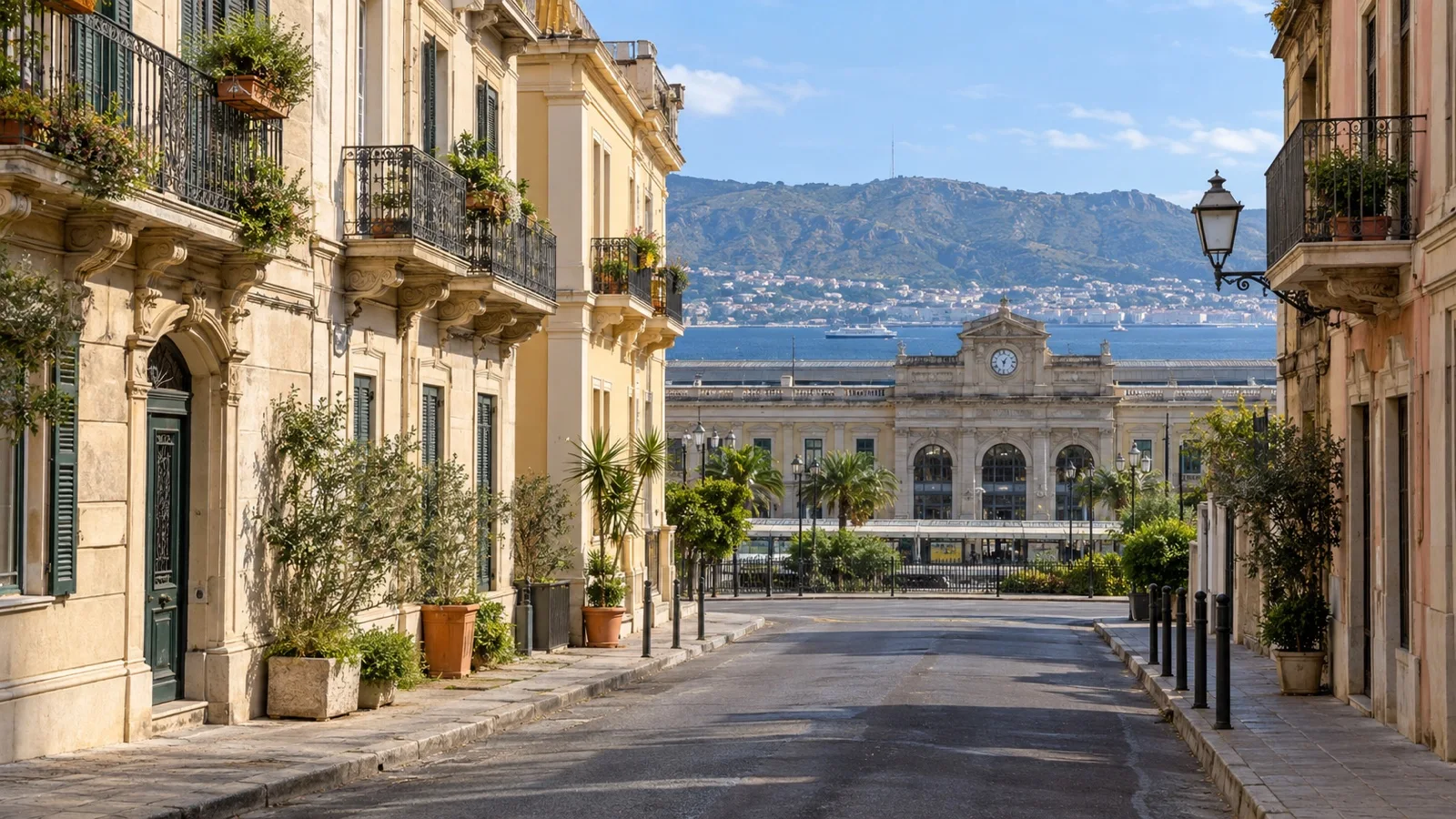 Quiet street near Messina Centrale railway station with practical hotels and Sicilian facades
