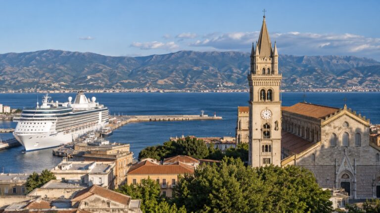 Messina cruise harbor and cathedral beside the strait