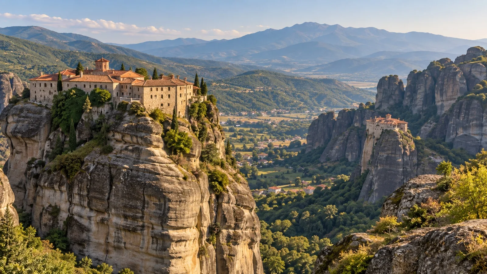 Meteora monasteries perched on sandstone pillars in Greece
