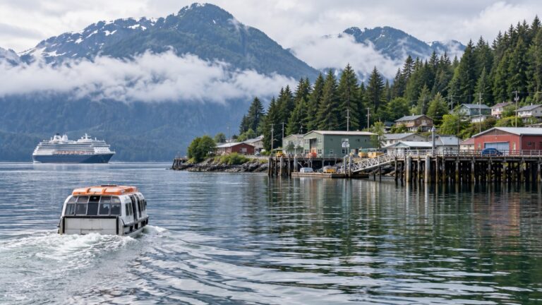 Tender boat approaching the Metlakatla waterfront on Annette Island