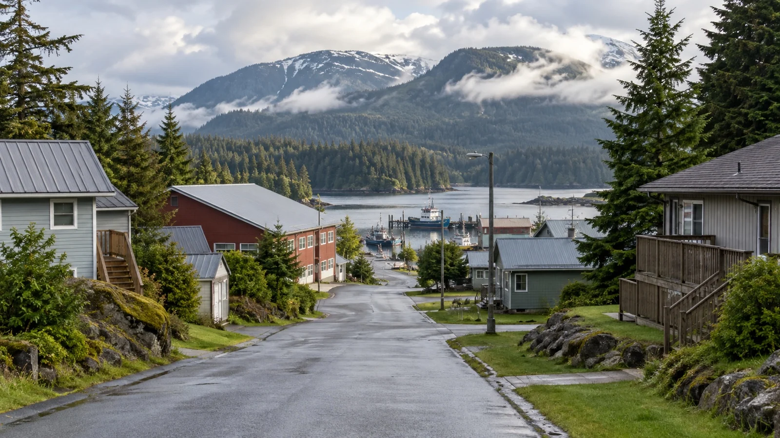 Quiet street in Metlakatla Alaska with homes and evergreen trees