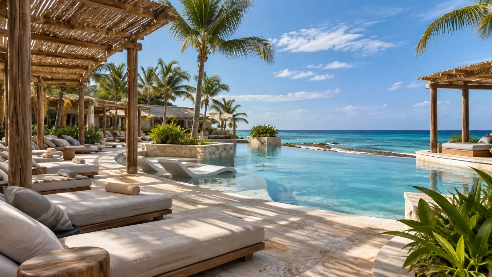 Conceptual empty adults-only beach retreat with pools and shaded loungers illustrating a proposed Perfect Day Mexico amenity