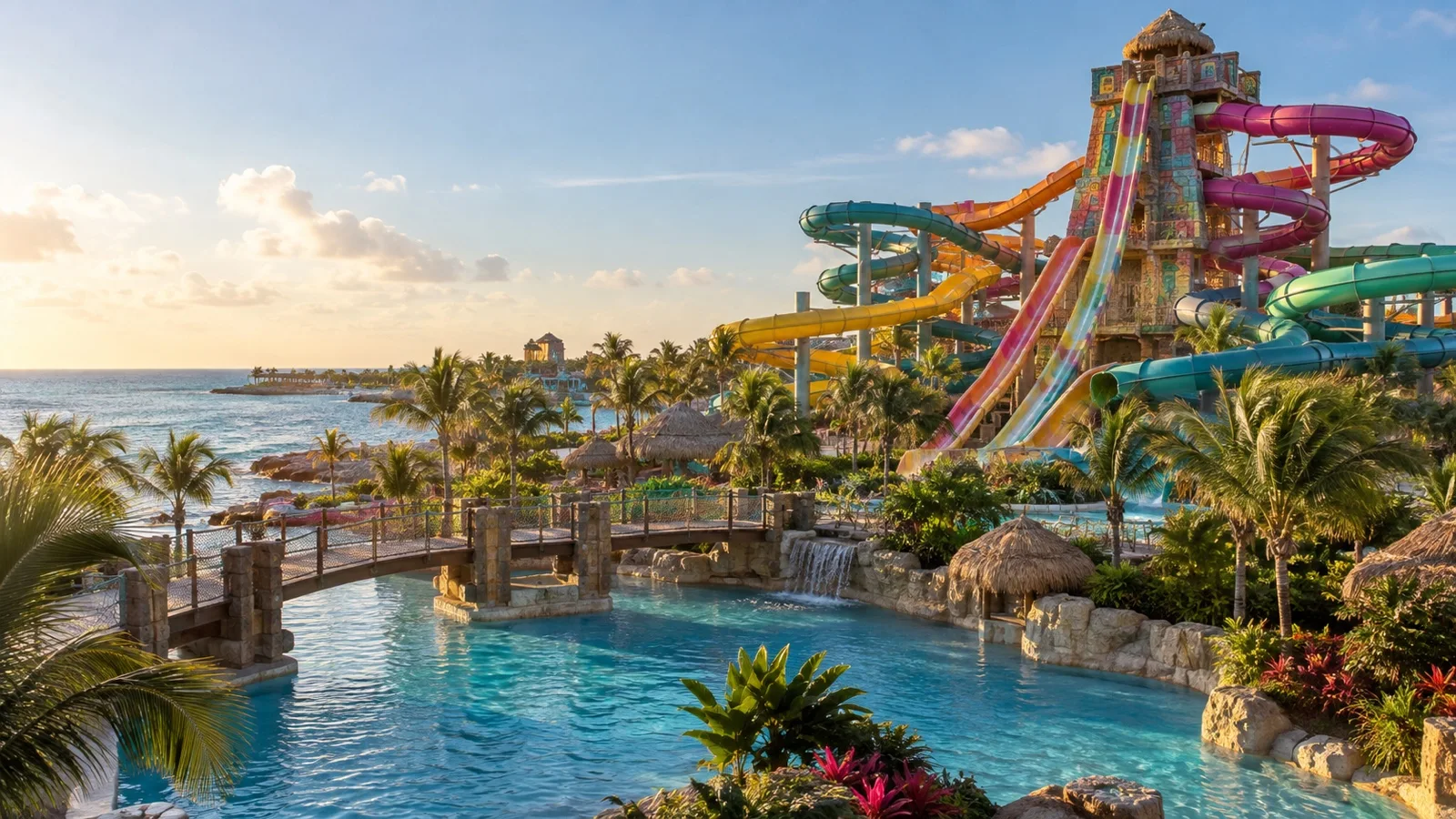 Conceptual empty waterpark with tall colorful waterslides illustrating the proposed Perfect Day Mexico attraction