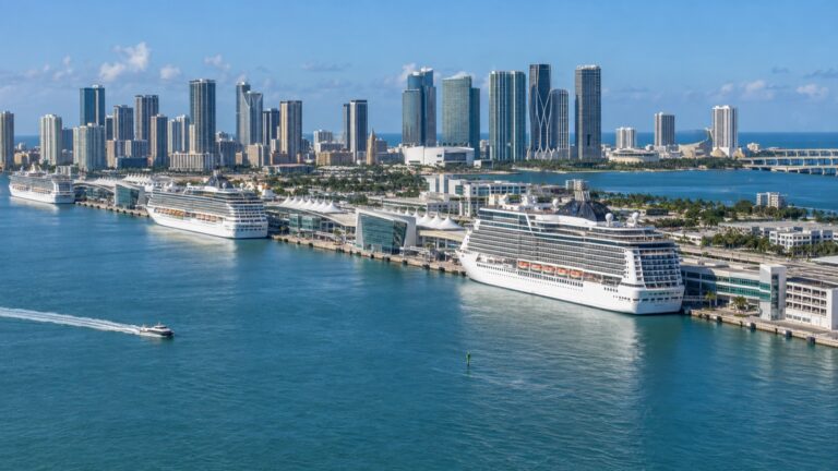 Cruise ships at PortMiami with downtown Miami across Biscayne Bay