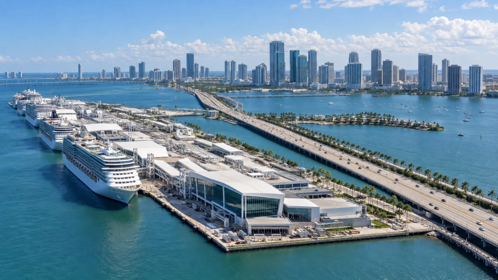 PortMiami cruise terminals and the bridge linking the port to downtown