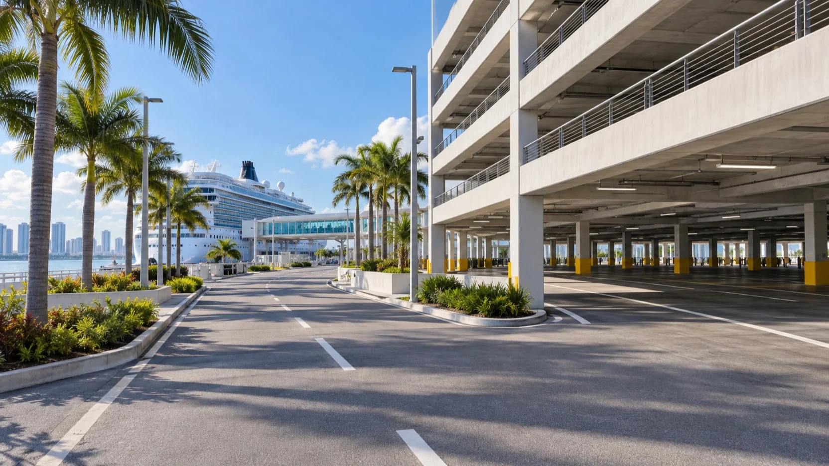Empty PortMiami cruise terminal parking garage beside a palm-lined approach road