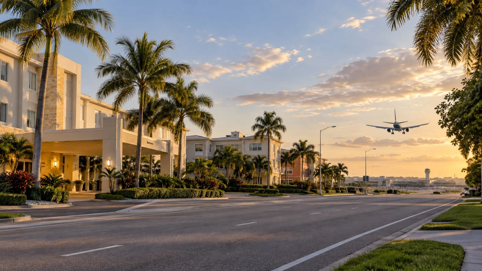 Quiet palm-lined hotel district in Miami Springs near the airport
