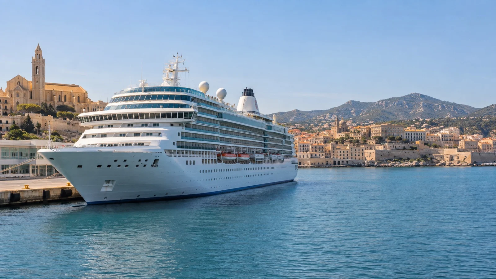 Mid-sized cruise ship alongside a Mediterranean city pier
