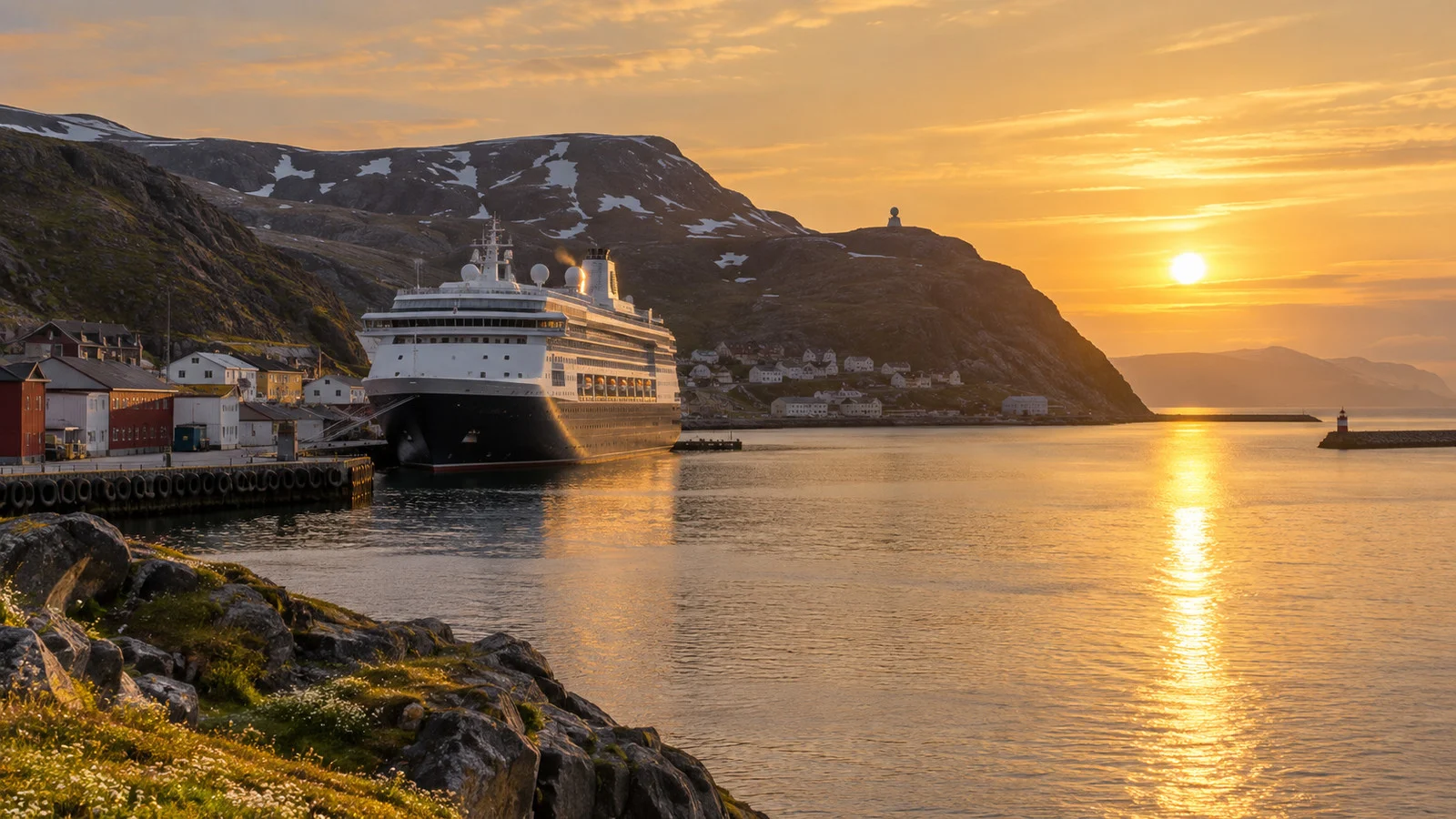 Cruise ship at Honningsvåg harbor in golden midnight light