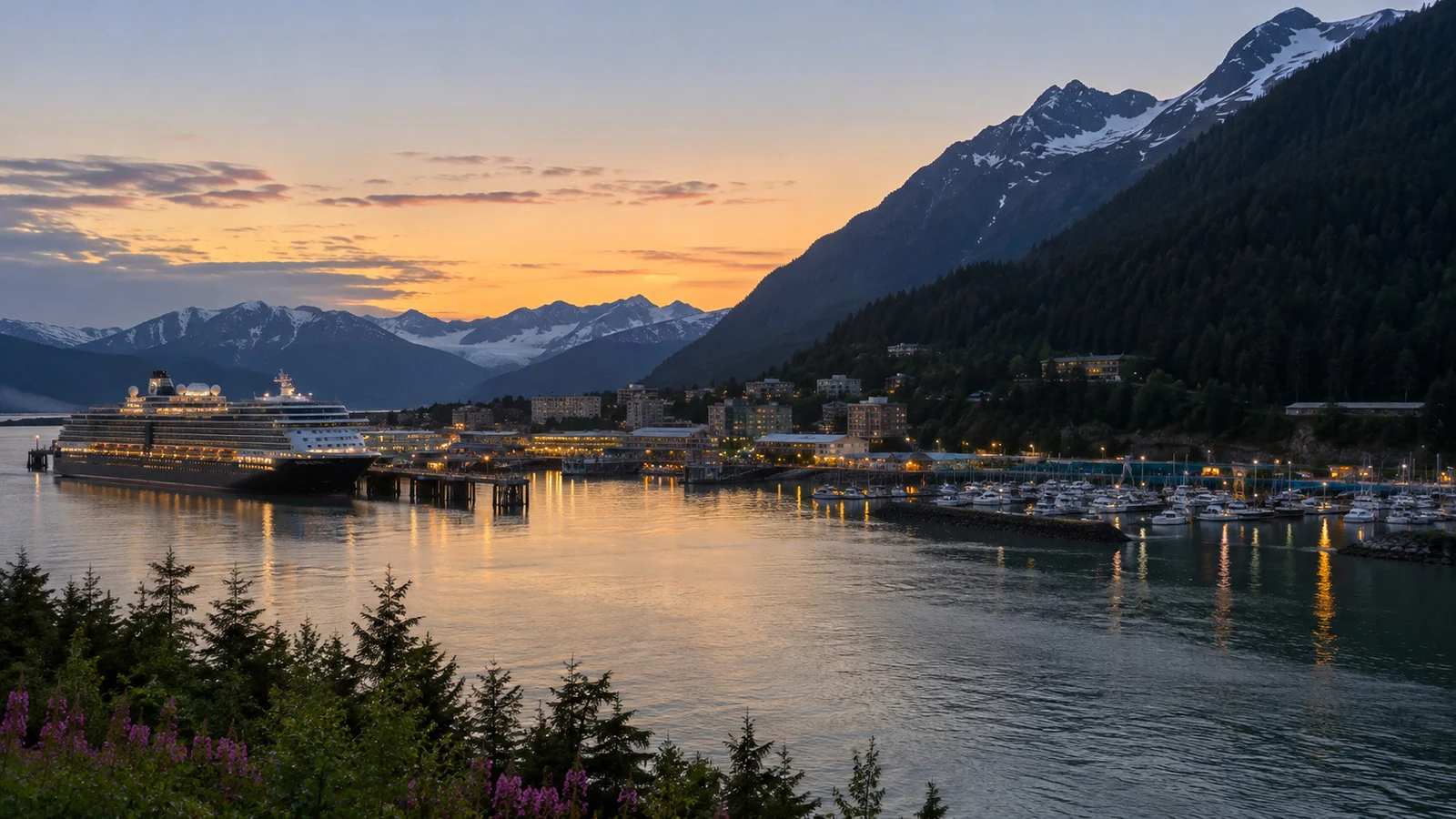Juneau Alaska harbor in a long summer evening after sunset