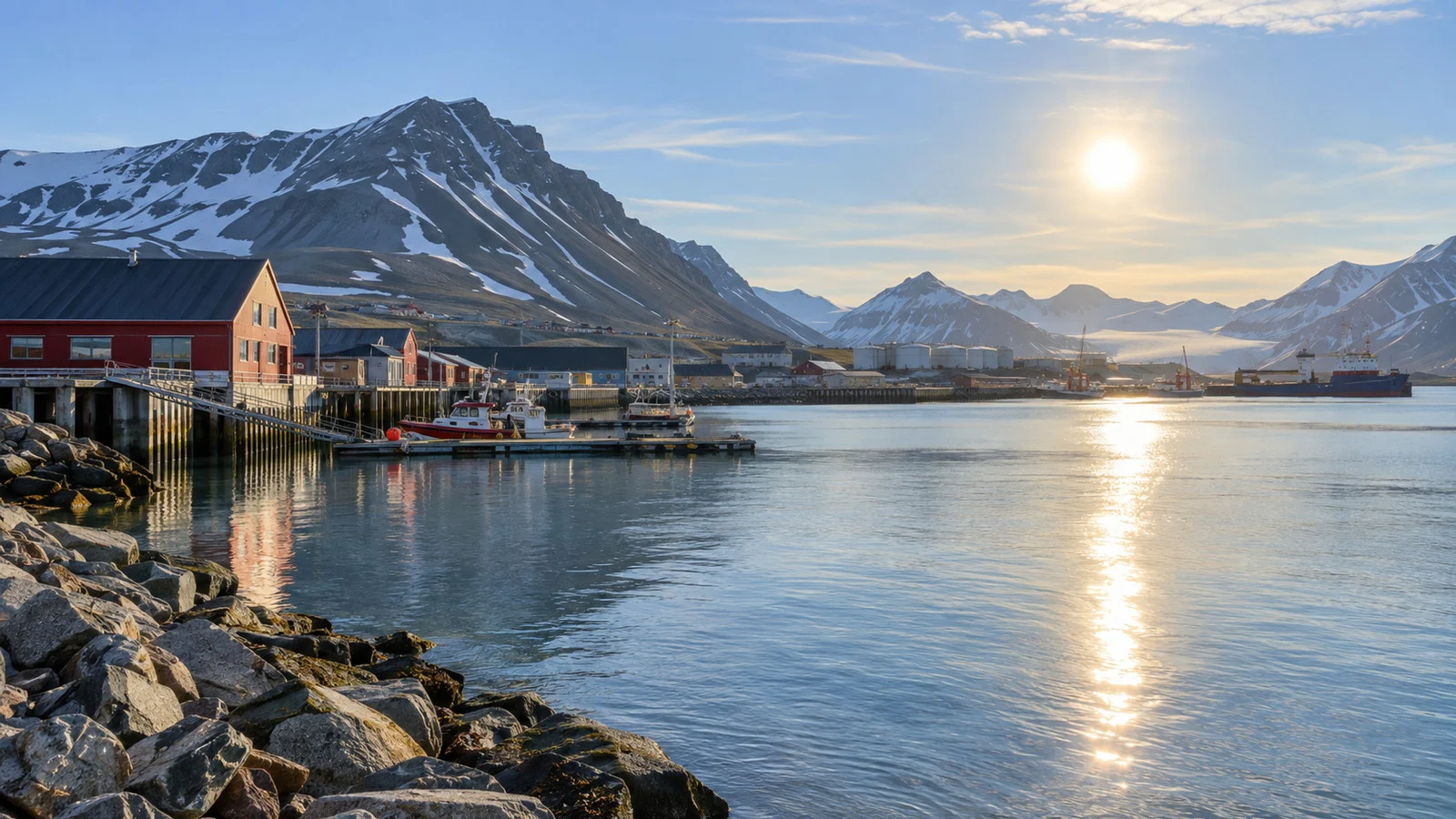 Longyearbyen Svalbard waterfront in continuous summer daylight