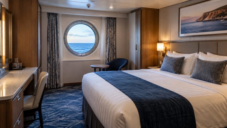 Empty lower-deck midship cruise cabin with porthole and made bed