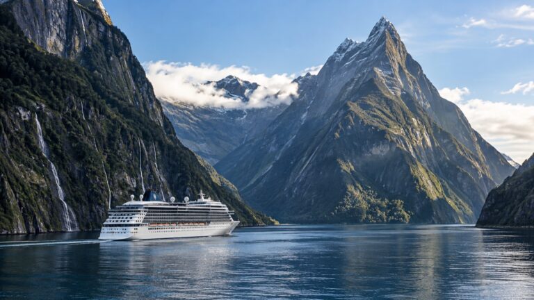 Cruise ship beneath Mitre Peak in Milford Sound