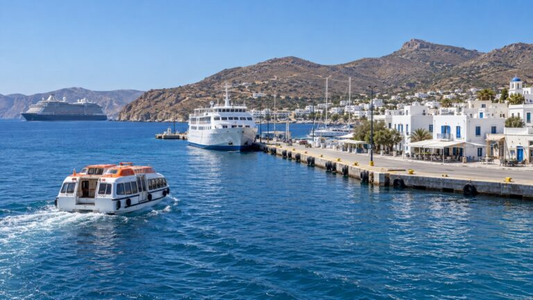 Cruise tender crossing Adamas harbor on Milos toward the waterfront
