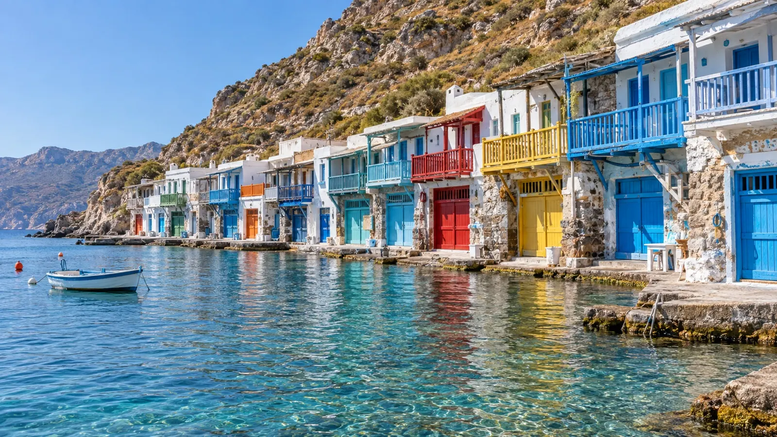 Colorful syrmata boat houses lining the water in Klima on Milos