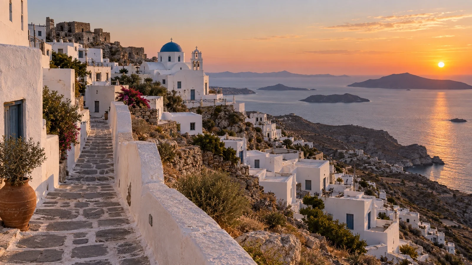 Whitewashed lanes and sea views from Plaka village on Milos at sunset