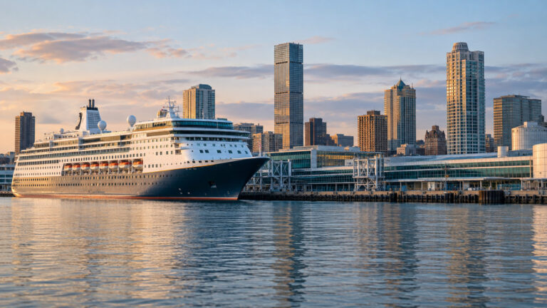 Great Lakes cruise vessel at Milwaukee Wisconsin waterfront near Lake Michigan harbor and city skyline, no people