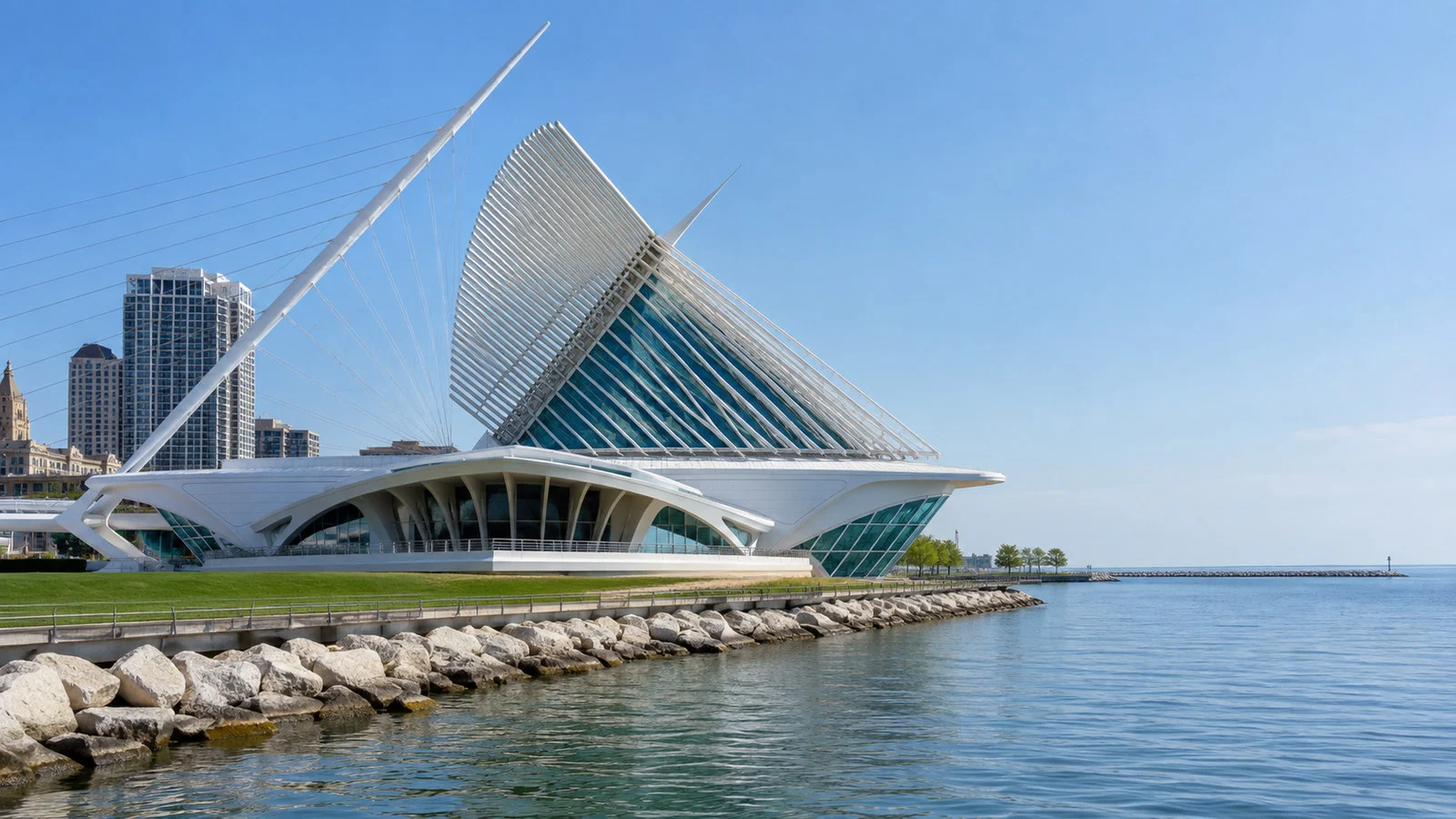 Milwaukee Art Museum Quadracci Pavilion with white wing-like brise soleil beside Lake Michigan, no people