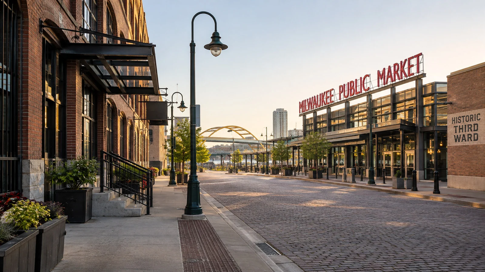 Milwaukee Historic Third Ward brick warehouse street with public market exterior, quiet morning no people