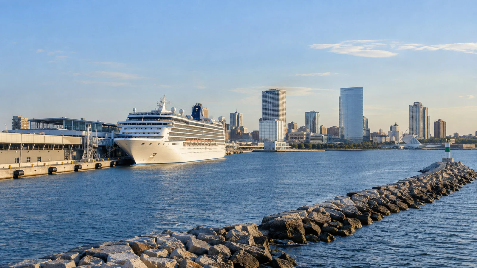 South Shore Cruise Dock Milwaukee harbor on Lake Michigan with cruise berth, breakwater and distant skyline, no people