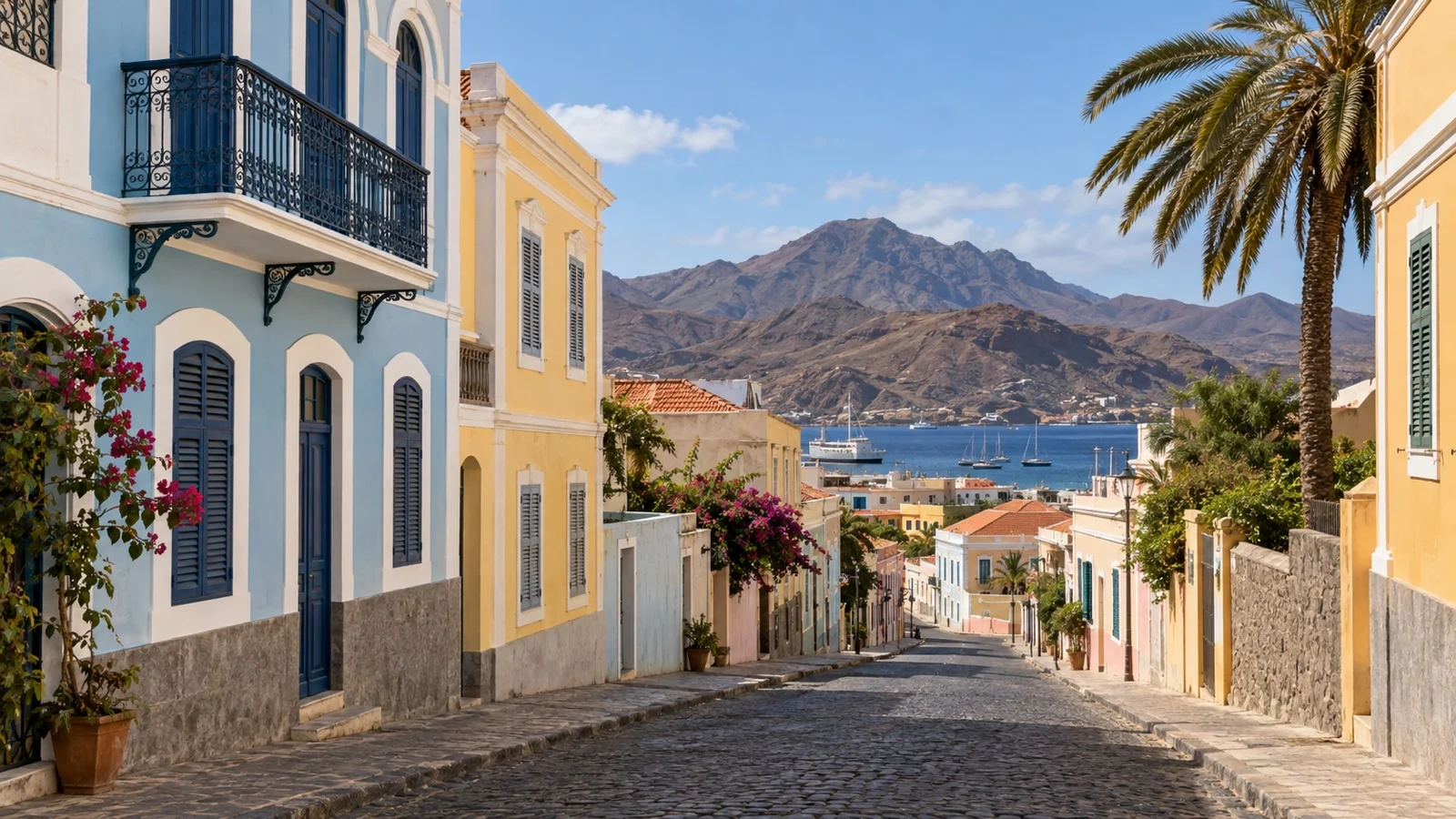 Colorful empty street in Mindelo on São Vicente, Cape Verde