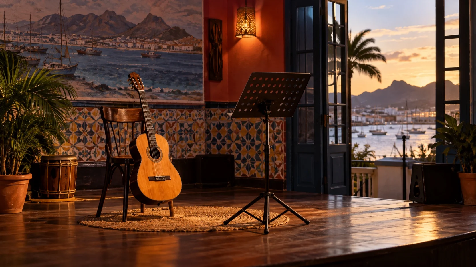 Acoustic guitar on an empty stage overlooking Mindelo harbor