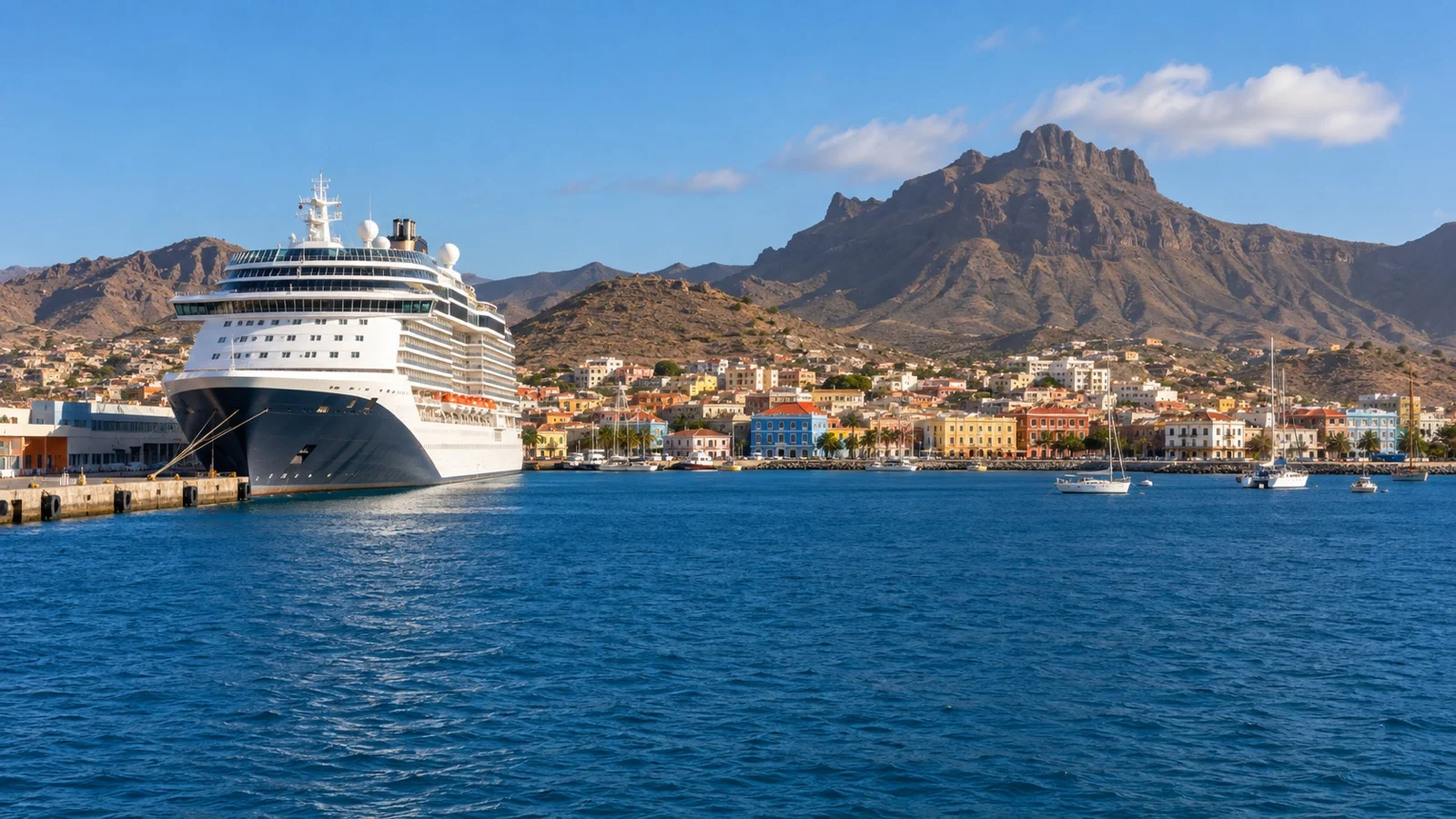Cruise ship at Mindelo harbor on São Vicente with Monte Cara behind