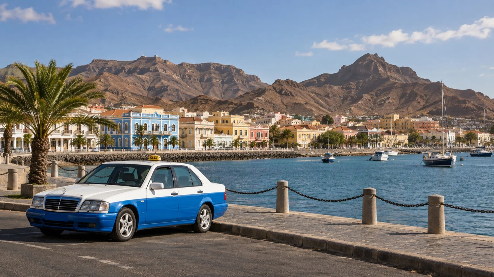 Empty taxi beside Mindelo’s waterfront and colorful buildings