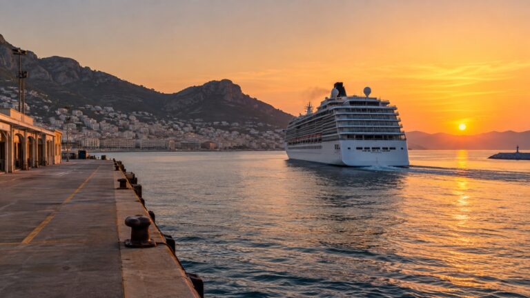 Cruise ship pulling away from empty port pier at sunset