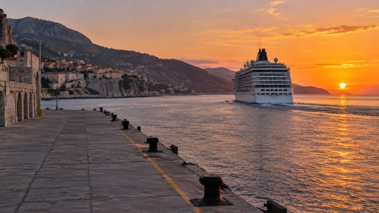 Cruise ship sailing away from an empty pier at sunset
