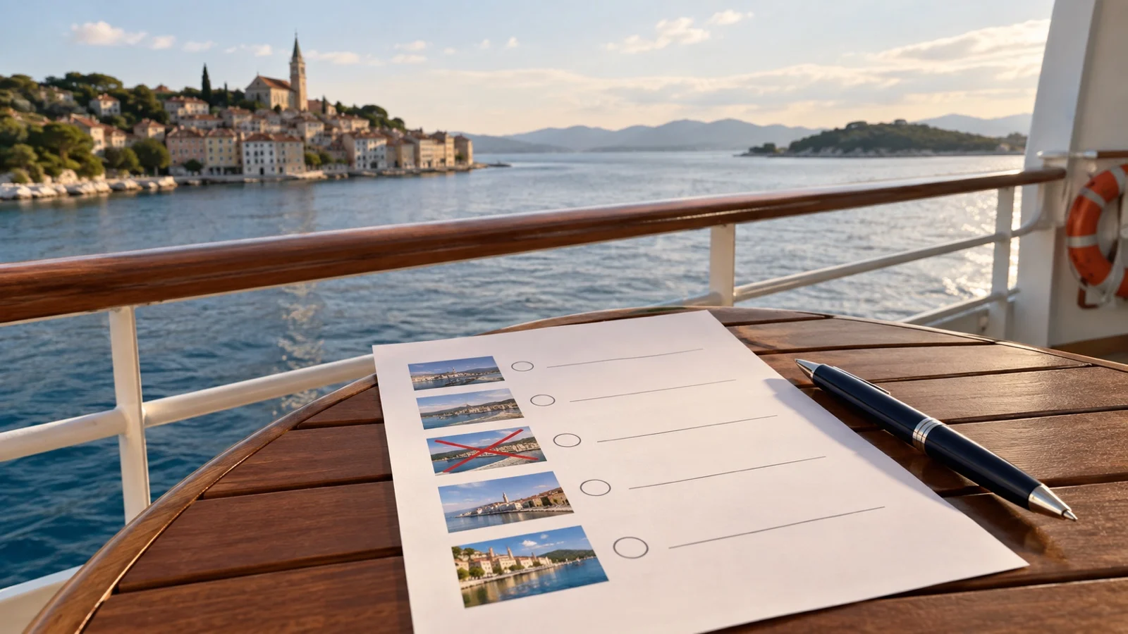 Cruise itinerary checklist and pen on an empty ship deck overlooking a coastal port