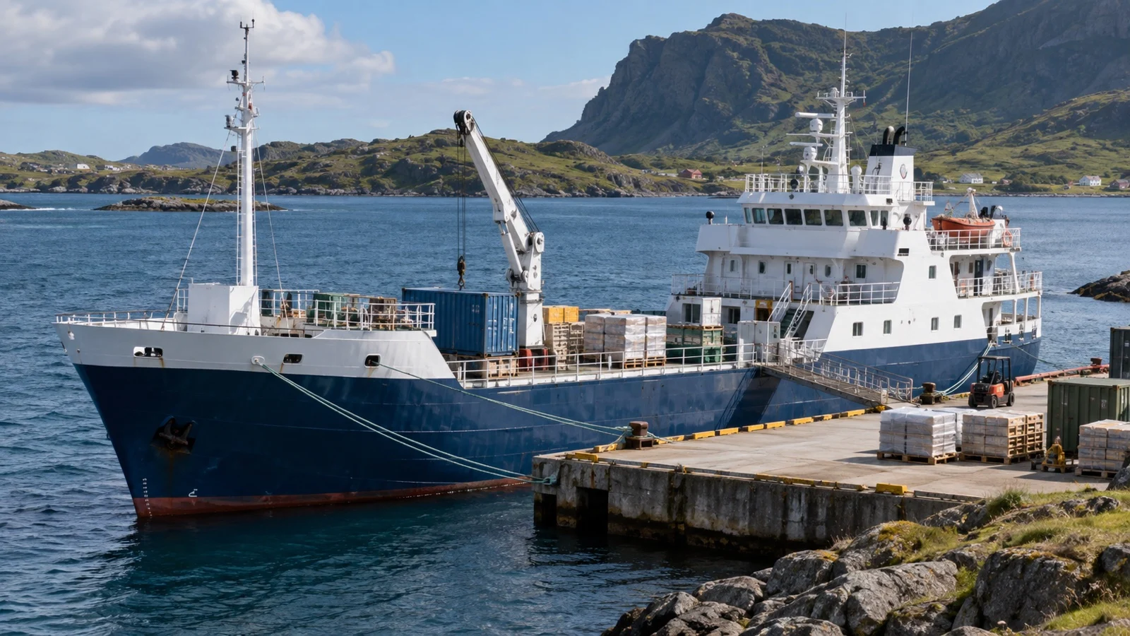 Small passenger cargo vessel at island port