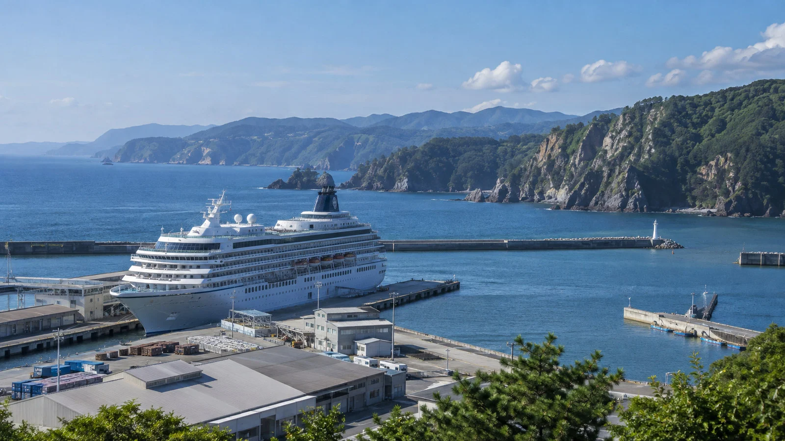 Cruise ship at Miyako Iwate Japan working harbor with rugged Sanriku coast beyond, no people