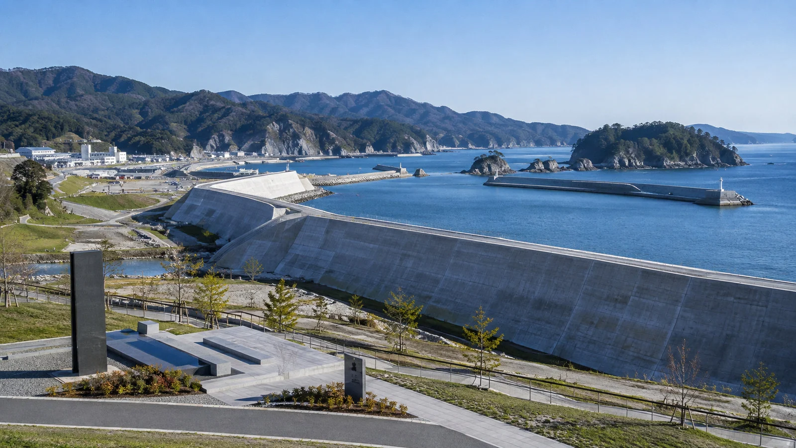 Miyako Iwate Japan rebuilt coastal seawall and memorial landscape reflecting 2011 tsunami recovery, no people or readable text