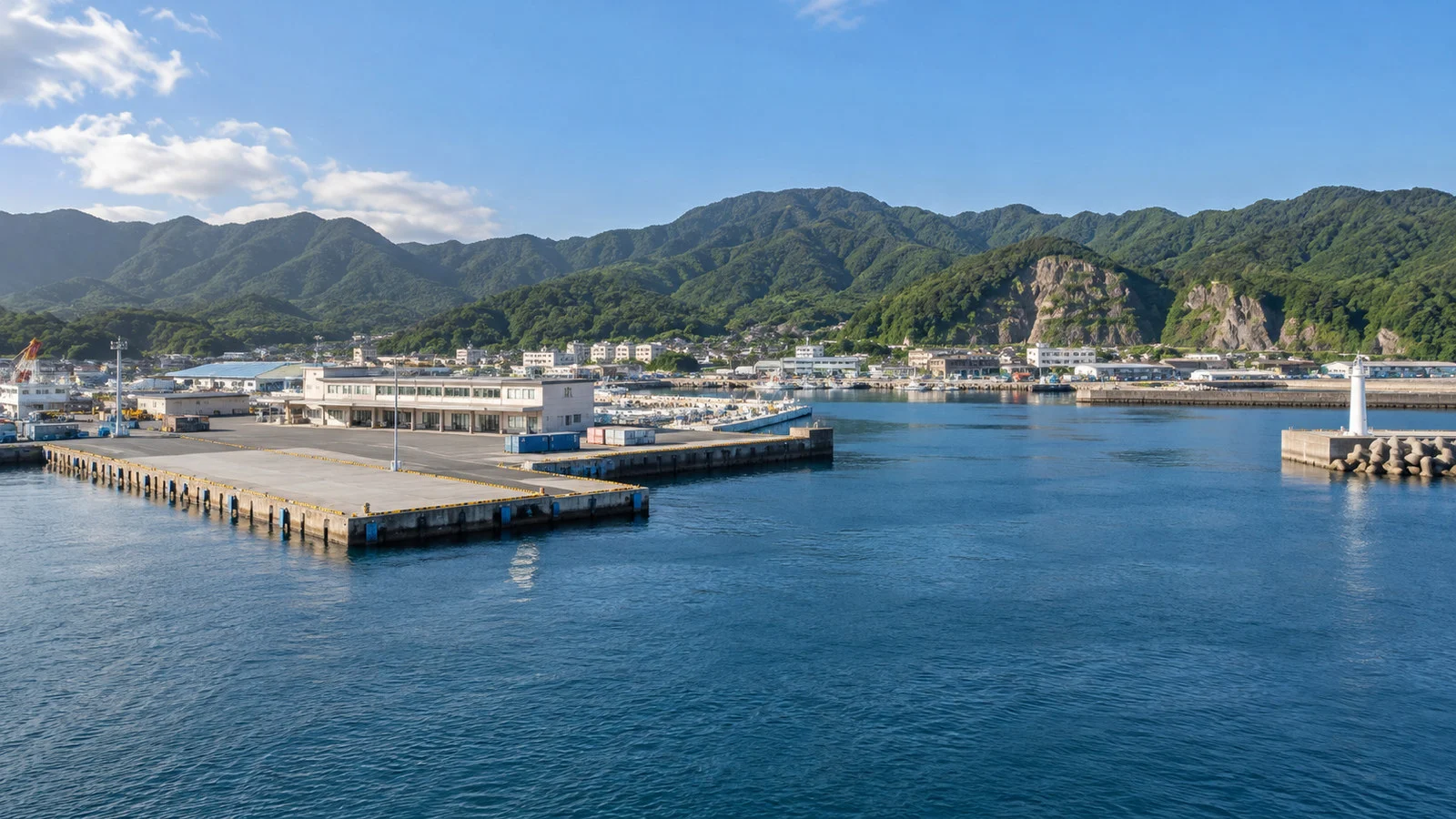 Miyako Japan working port with quay, coastal hills and orderly infrastructure, no people