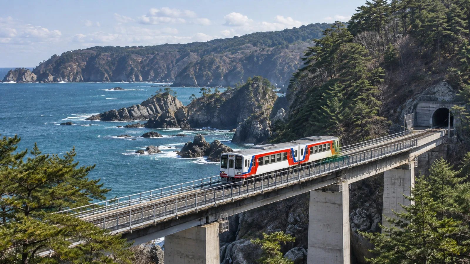 Sanriku Railway scenic train crossing bridge along rugged Iwate coast near Miyako Japan, no passengers visible