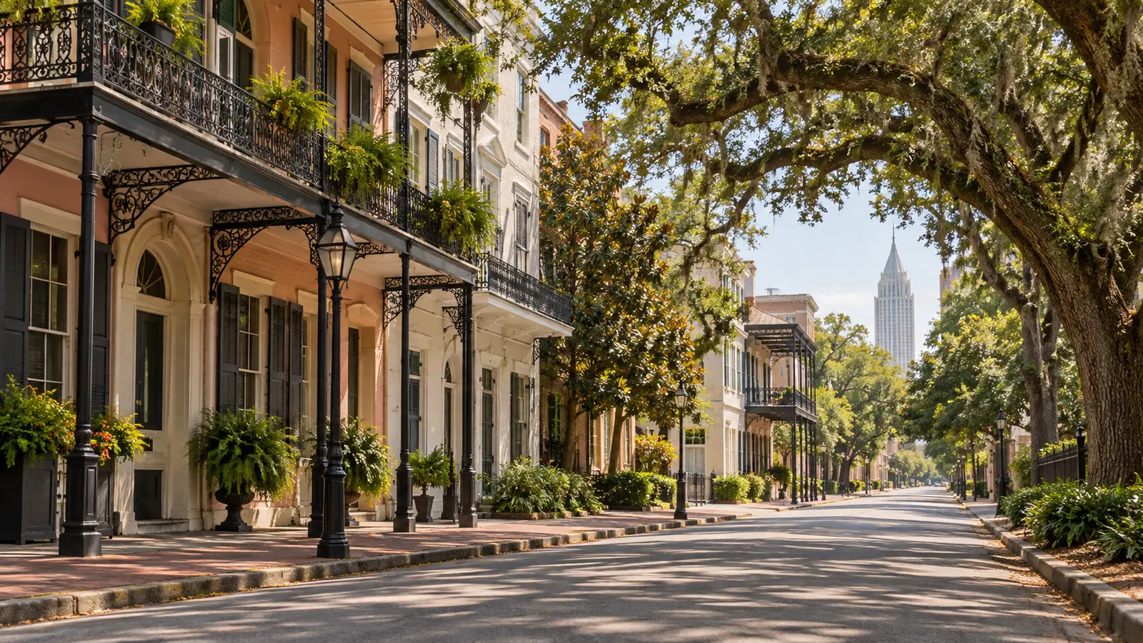 Historic downtown Mobile street with wrought-iron balconies and live oaks