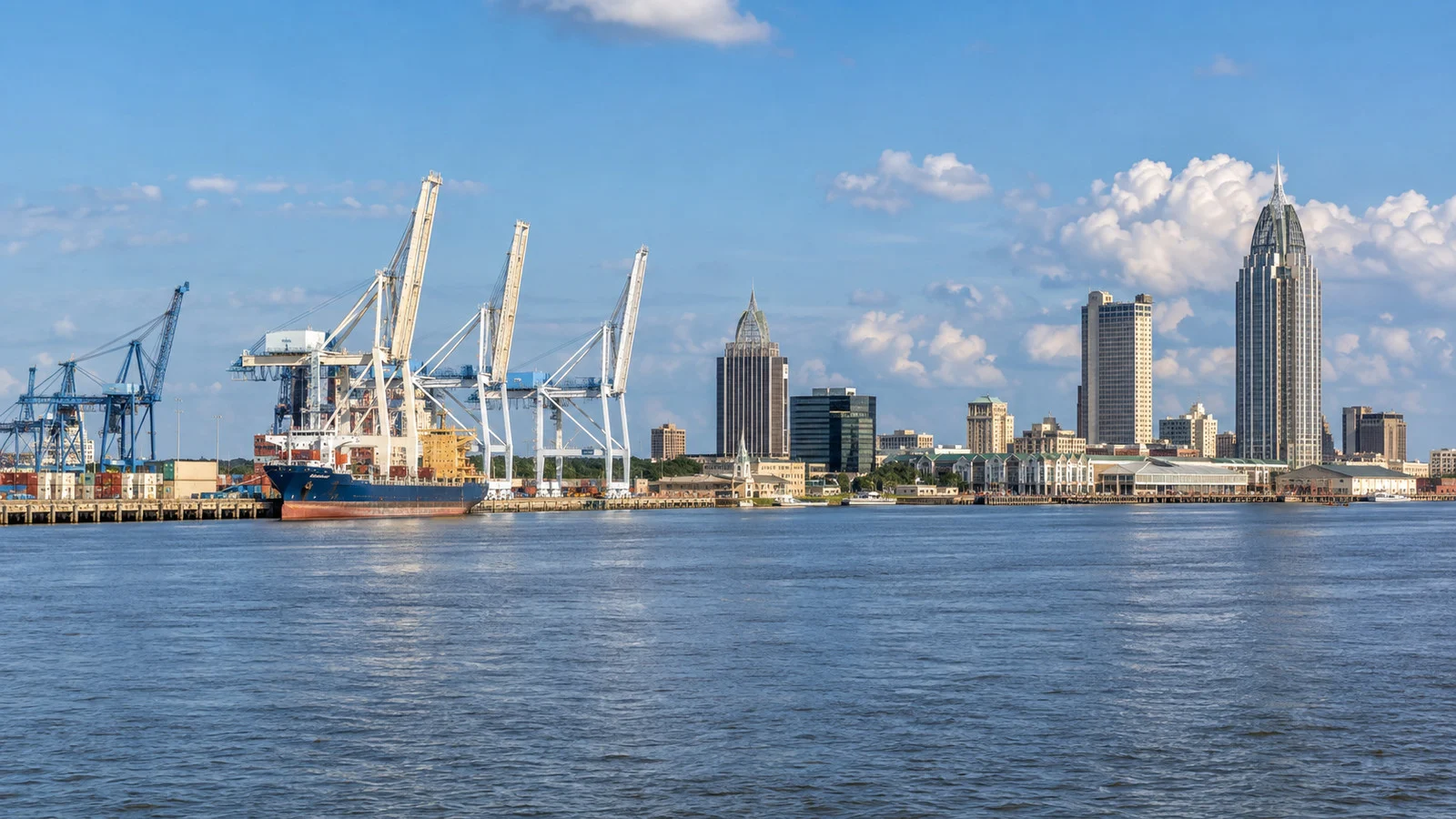 Mobile River harbor with port cranes and downtown skyline