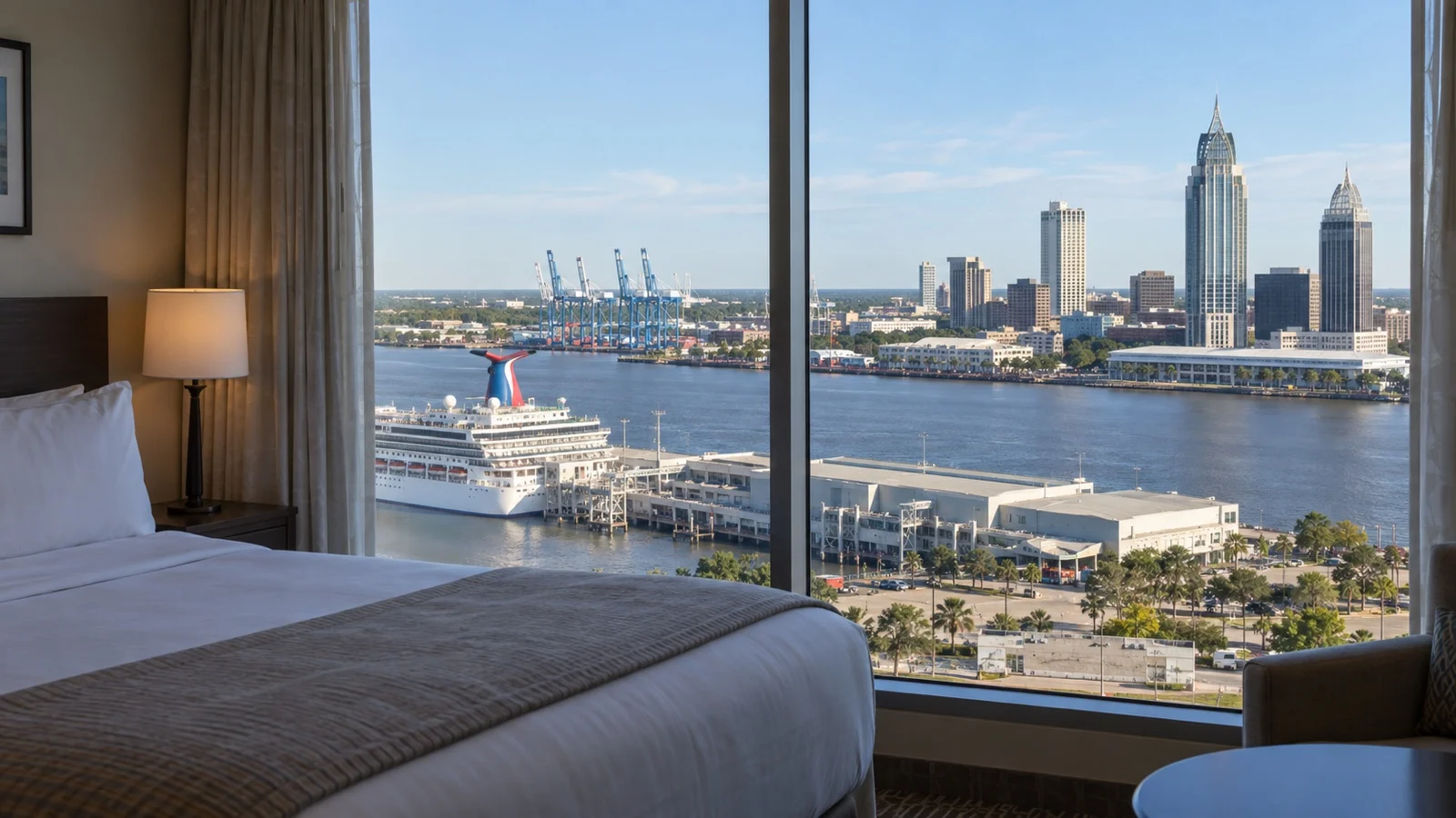 Downtown Mobile riverfront hotel skyline