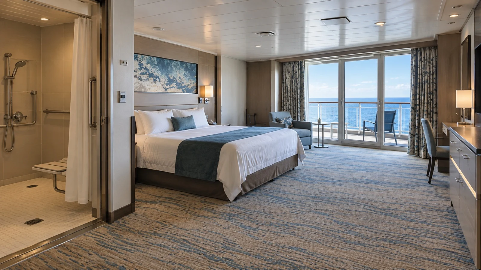 Empty wheelchair-accessible cruise cabin with wide circulation space