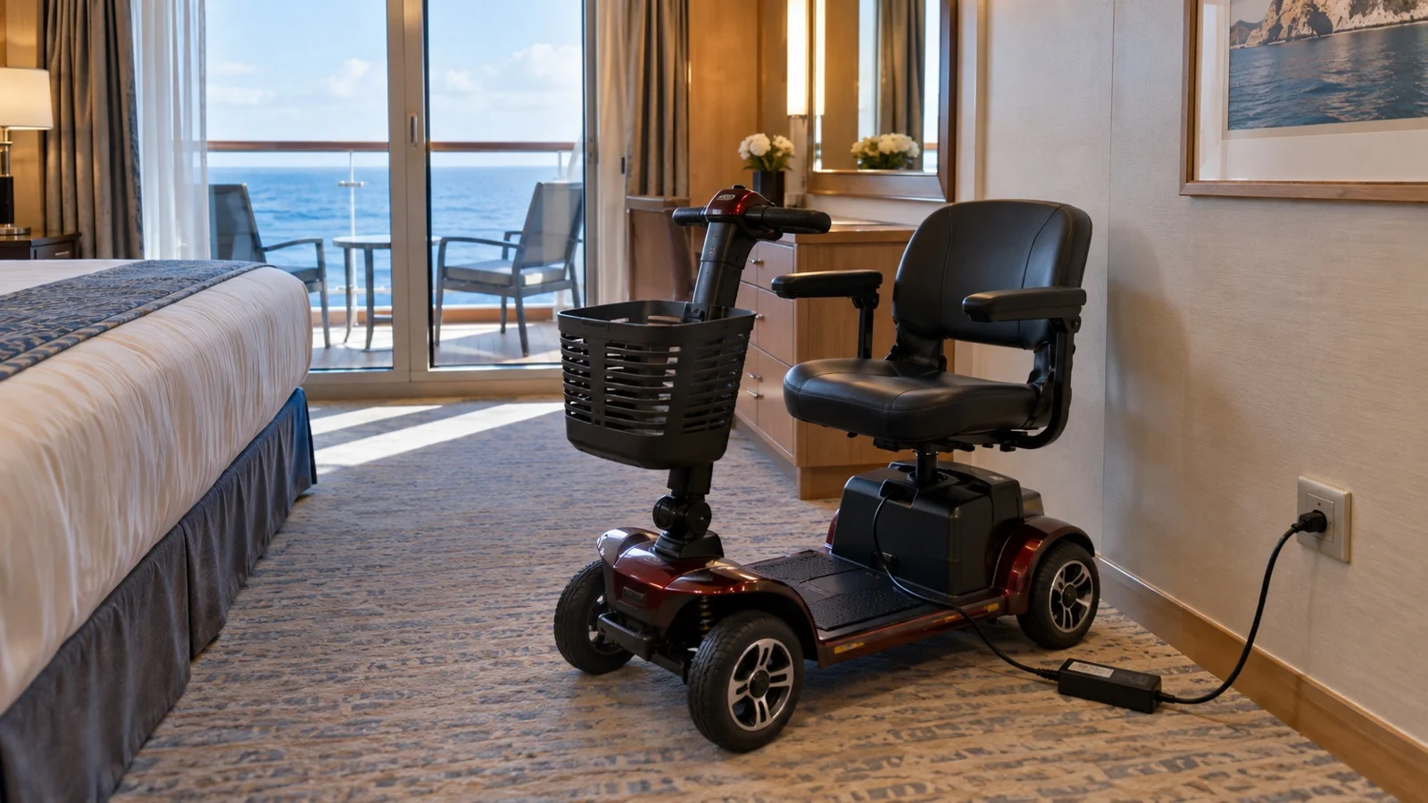 Mobility scooter and charger plugged into a safe cabin outlet, empty room
