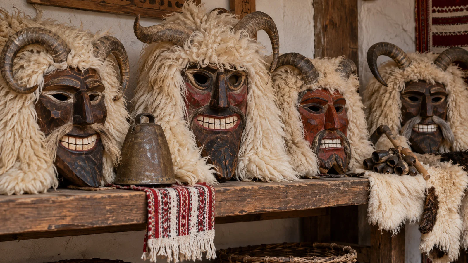Traditional carved Busó masks and sheepskin pieces on a museum shelf